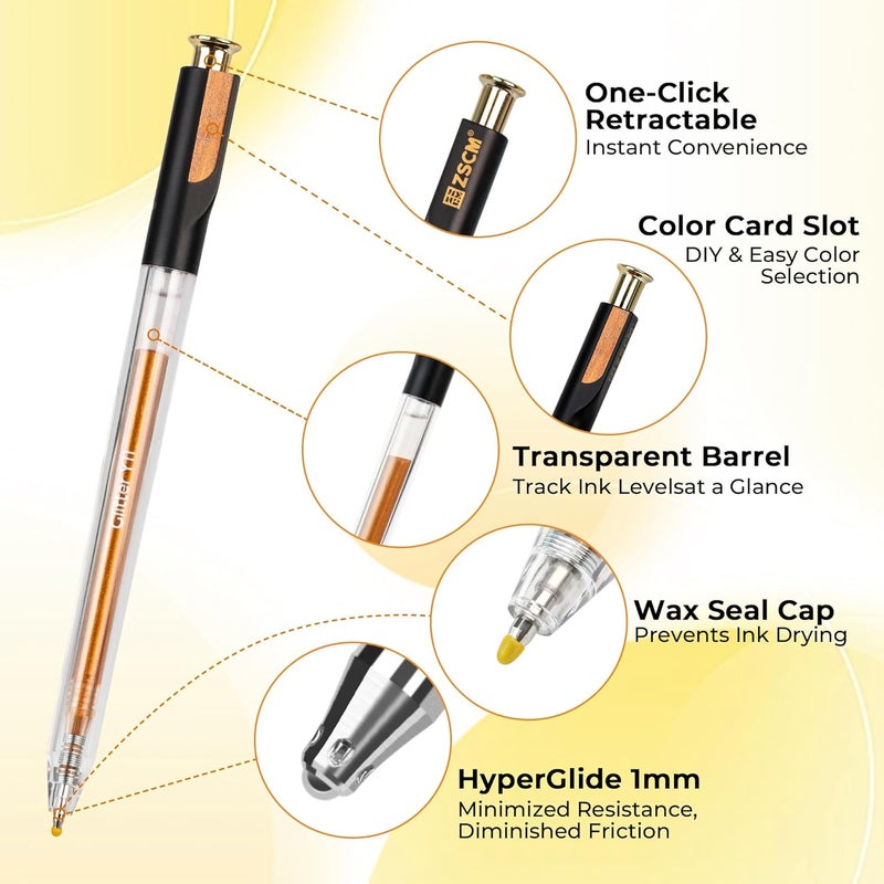 ZSCM Retractable Glitter Gel Pens, 12 Colors Large Capacity Yellow Glitter Metallic Gel Ink Pens, 1 mm Fine Point Smooth Writing Color Pens for Adult Coloring Book Note Taking Aesthetic Art Supplies - Image 2